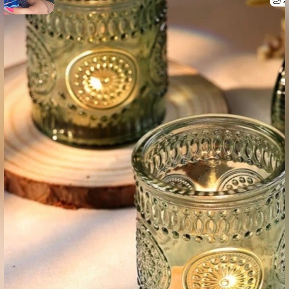 Decorative Embossed Glass Candle Holder - Sage Green